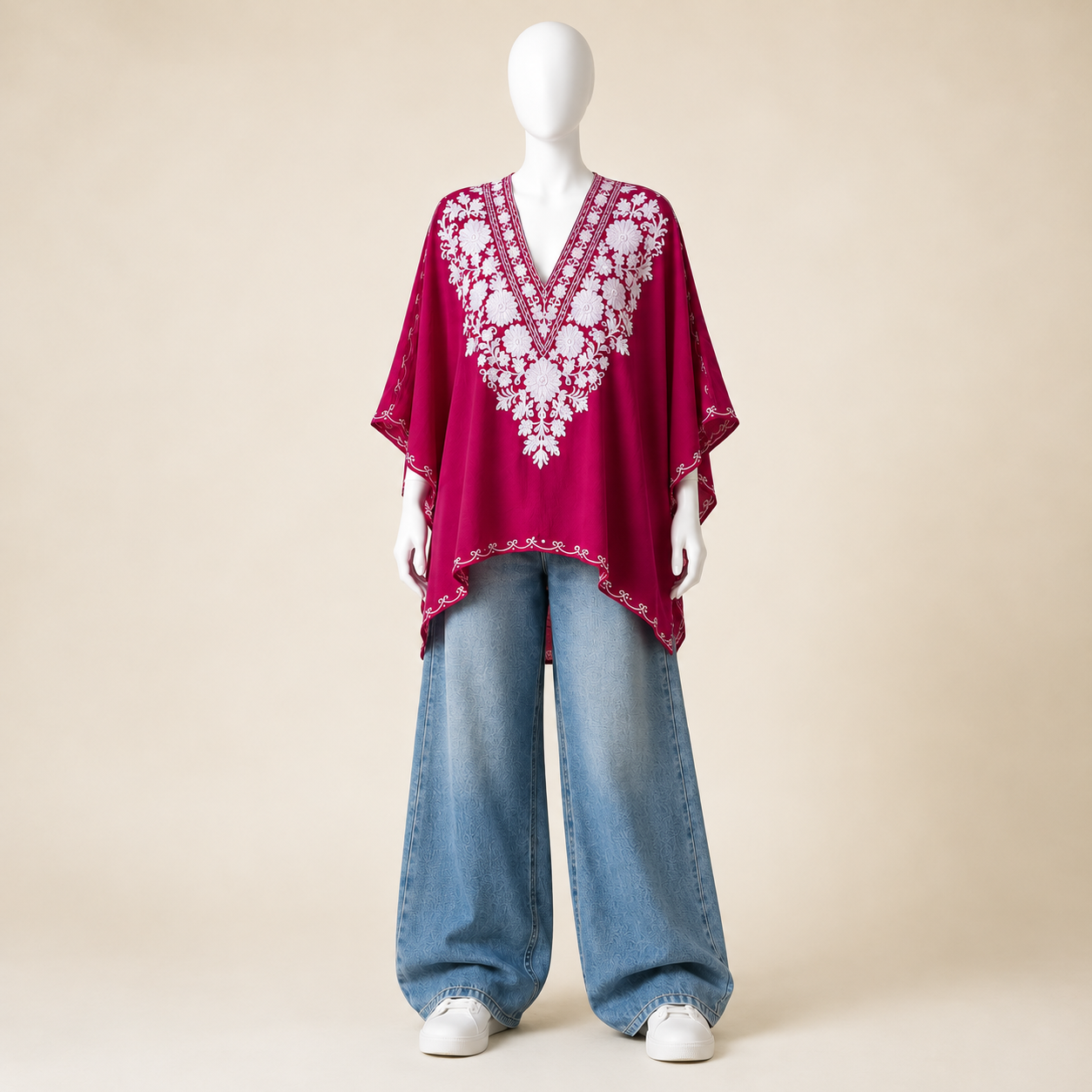 Buy Berry Magenta Kashmiri Short Kaftan | Aari Floral Embroidery
