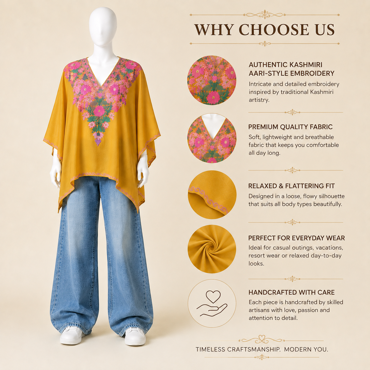 Elegant Mustard Gold ethnic kaftan for women with Kashmiri embroidered detailing