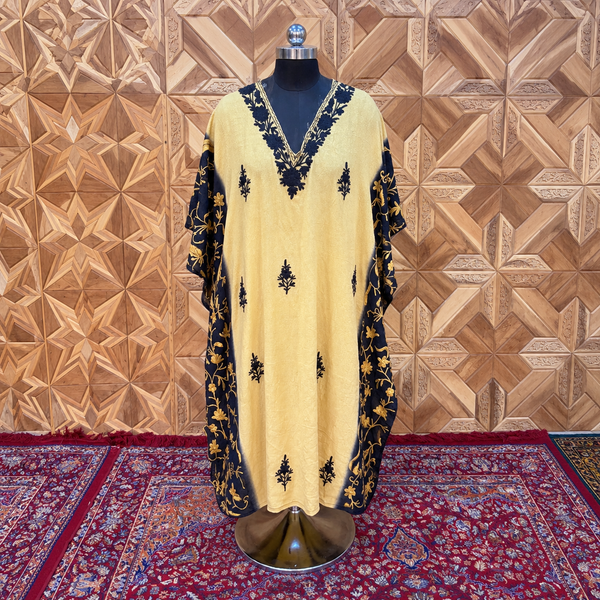 Butter Yellow Tie-Dye Kashmiri Long Kaftan for Women | Aari-Style Machine Embroidered Summer Ethnic Wear