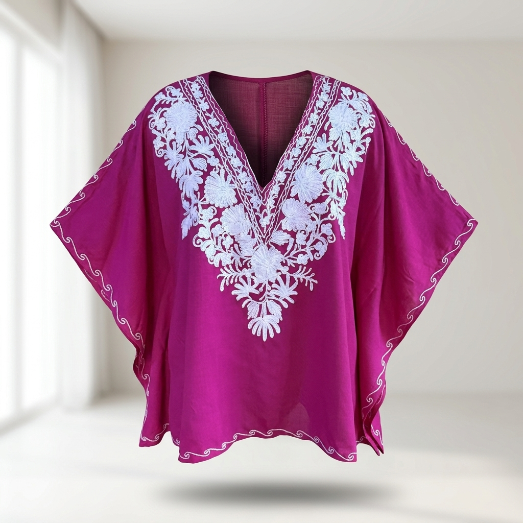 Kashmiri Aari Embroidered Short Kaftan for Women Berry Magenta