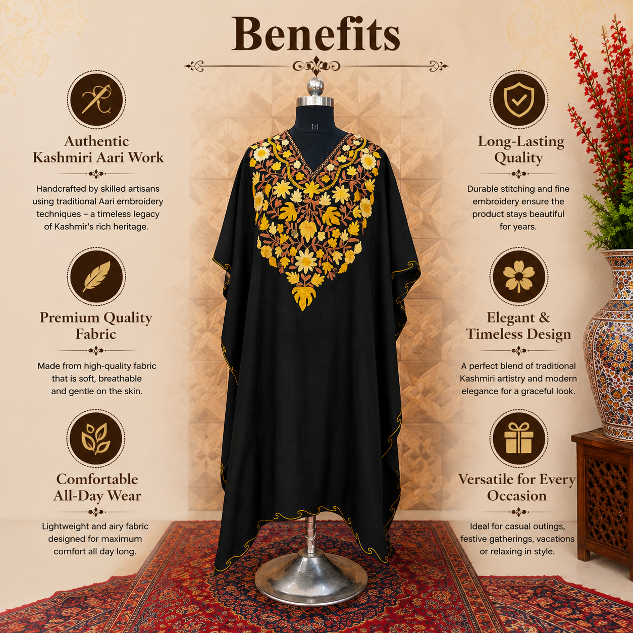 Premium Midnight Black Aari Embroidered Kaftan