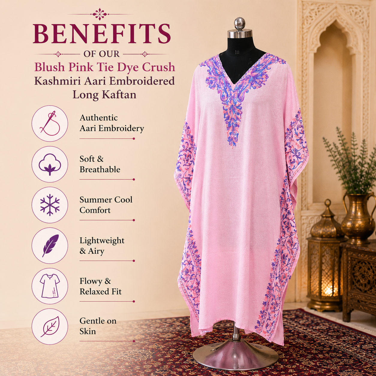 Premium Blush Pink Tie Dye Aari Embroidered Kaftan