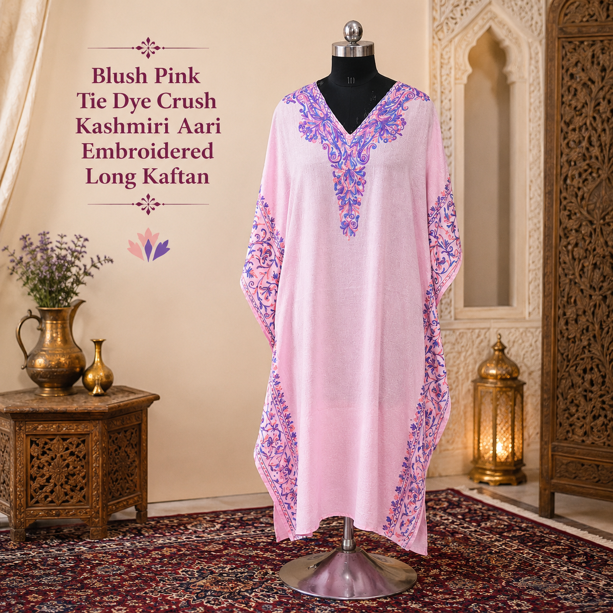Blush Pink Tie Dye Long Kaftan with Kashmiri Aari Embroidery