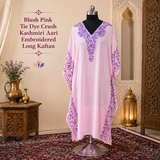 Blush Pink Tie Dye Long Kaftan with Kashmiri Aari Embroidery