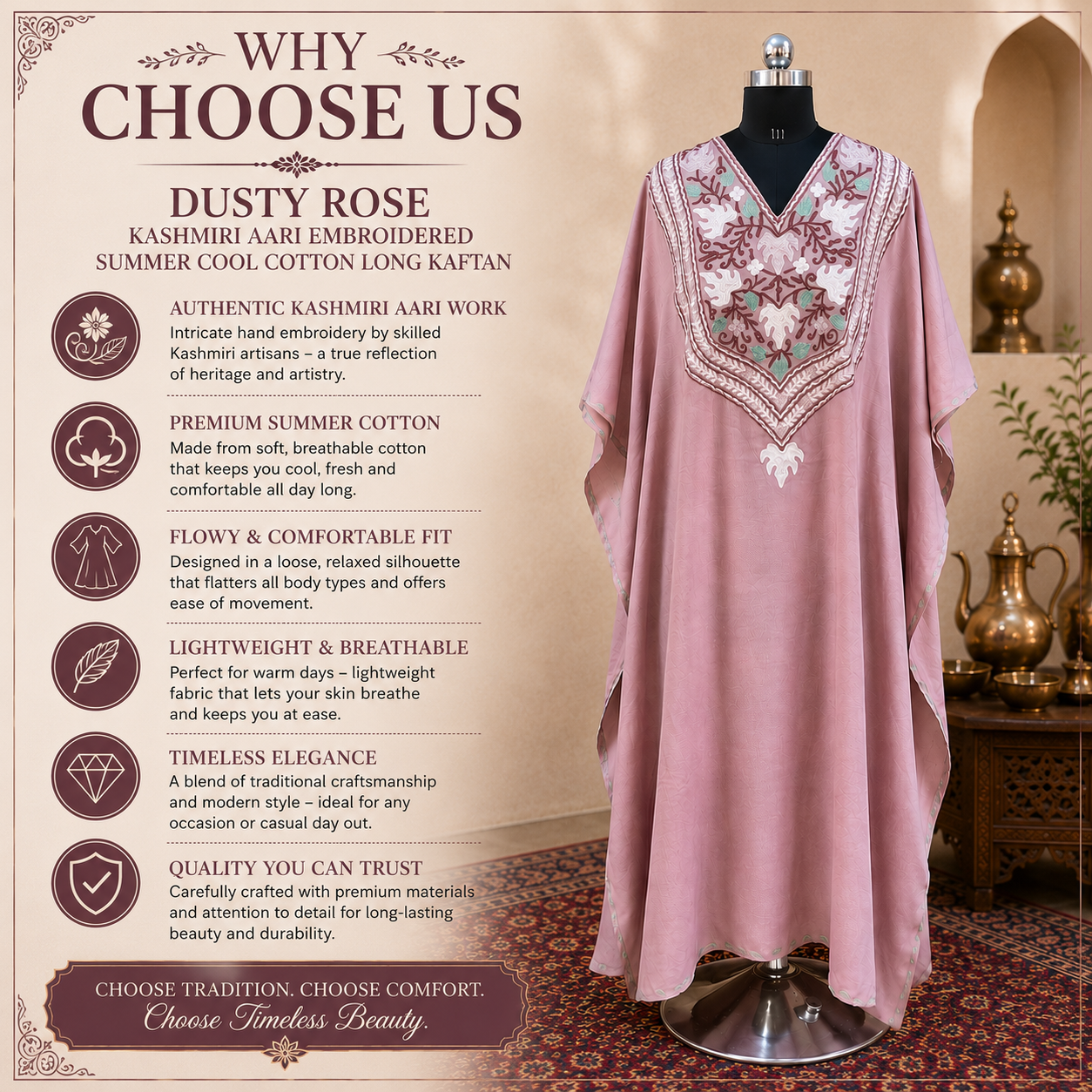 Luxury Dusty Rose Summer Cotton Kaftan