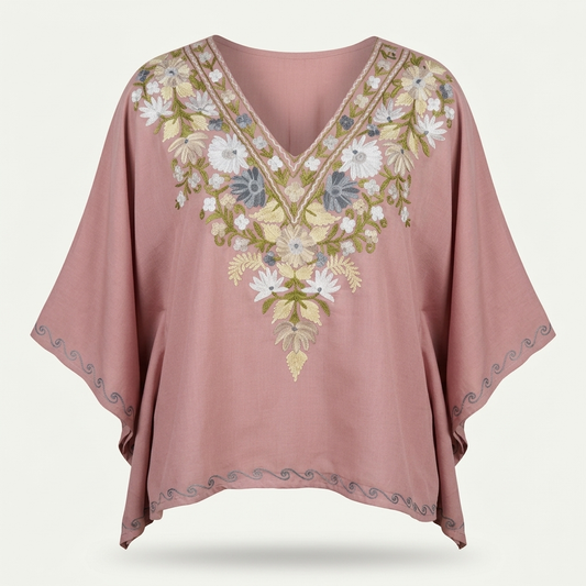 Kashmiri Aari Embroidered Short Kaftan for Women Dusty Rose