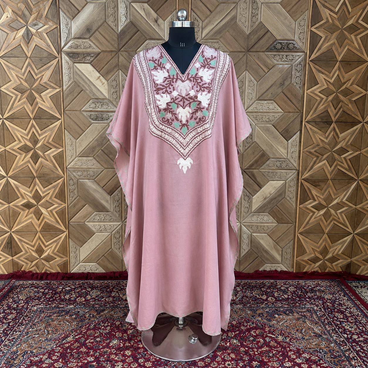 Dusty Rose Kashmiri Aari Embroidered Summer Cool Cotton Long Kaftan