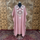 Dusty Rose Kashmiri Aari Embroidered Summer Cool Cotton Long Kaftan