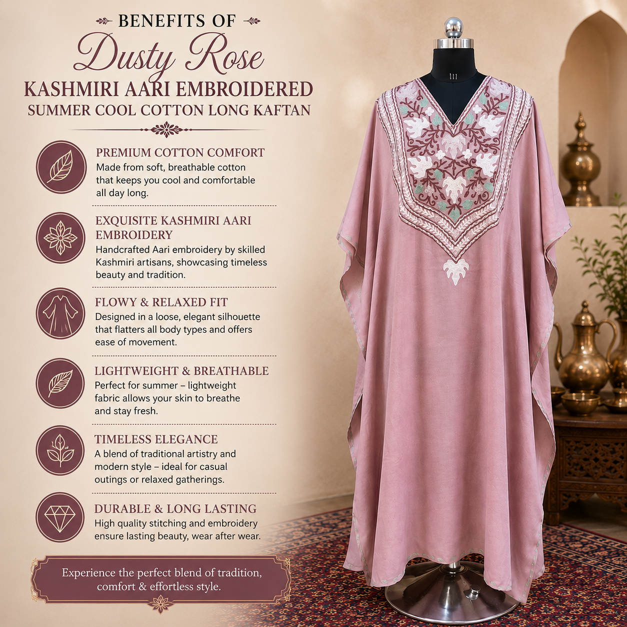 Premium Dusty Rose Aari Embroidered Cotton Kaftan