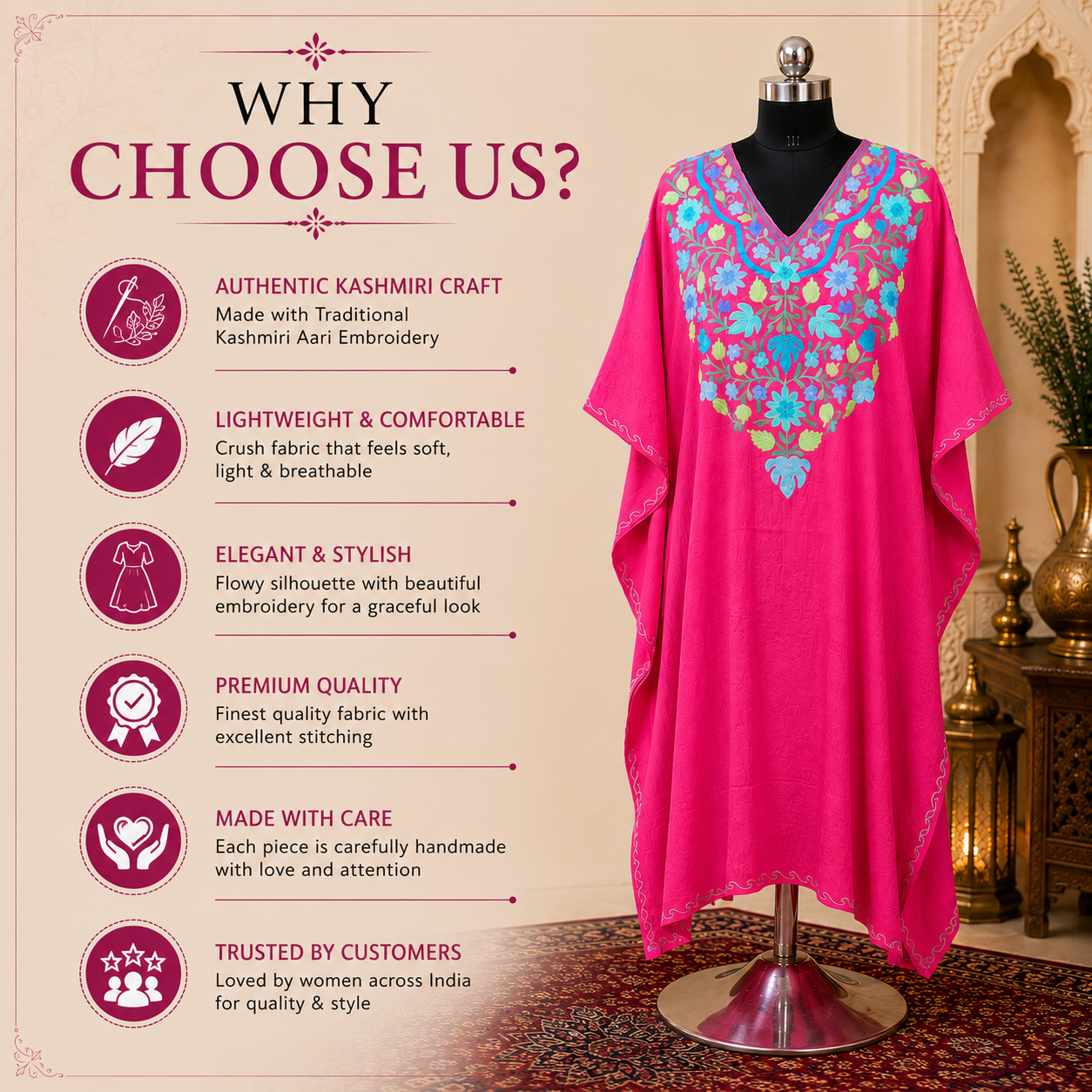Luxury Fuchsia Pink Kashmiri Embroidered Kaftan