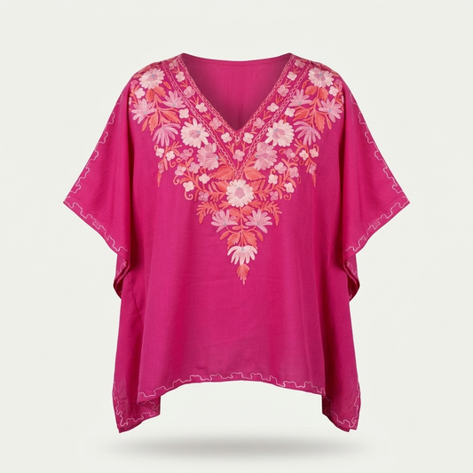 Kashmiri Aari Embroidered Short Kaftan for Women Fuchsia Pink