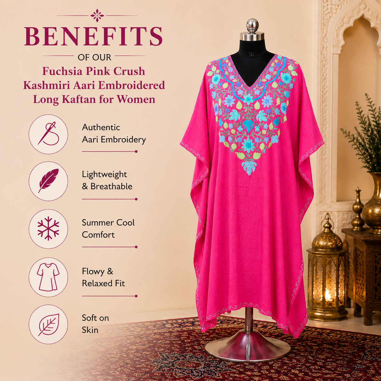 Premium Fuchsia Pink Aari Embroidered Kaftan