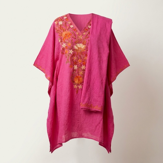 Fuchsia Pink Kashmiri Aari Long Kaftan Set for Women
