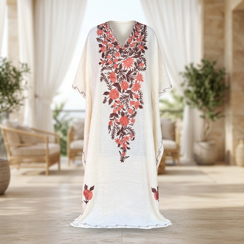Ivory Coral Crush Kashmiri Aari Embroidered Long Kaftan for Women