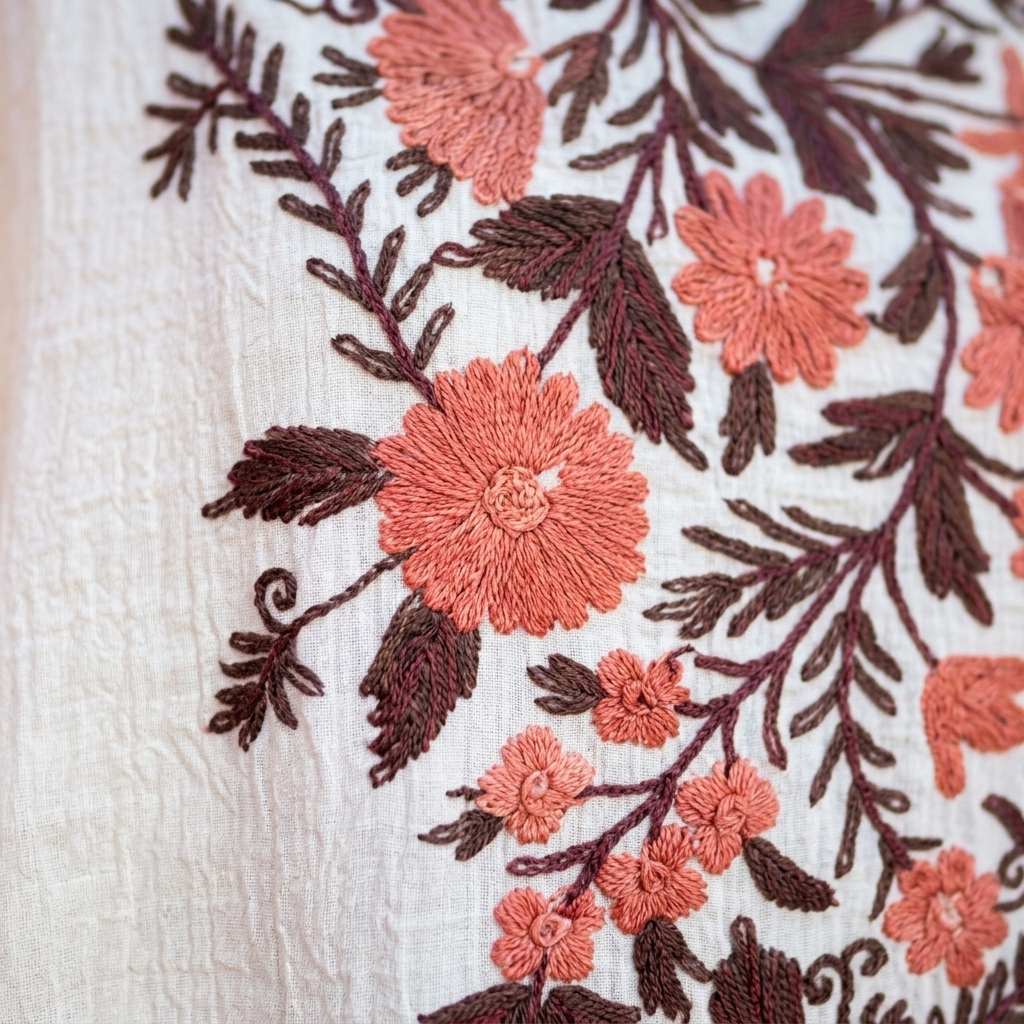 Premium Ivory Coral Aari Embroidered Long Kaftan