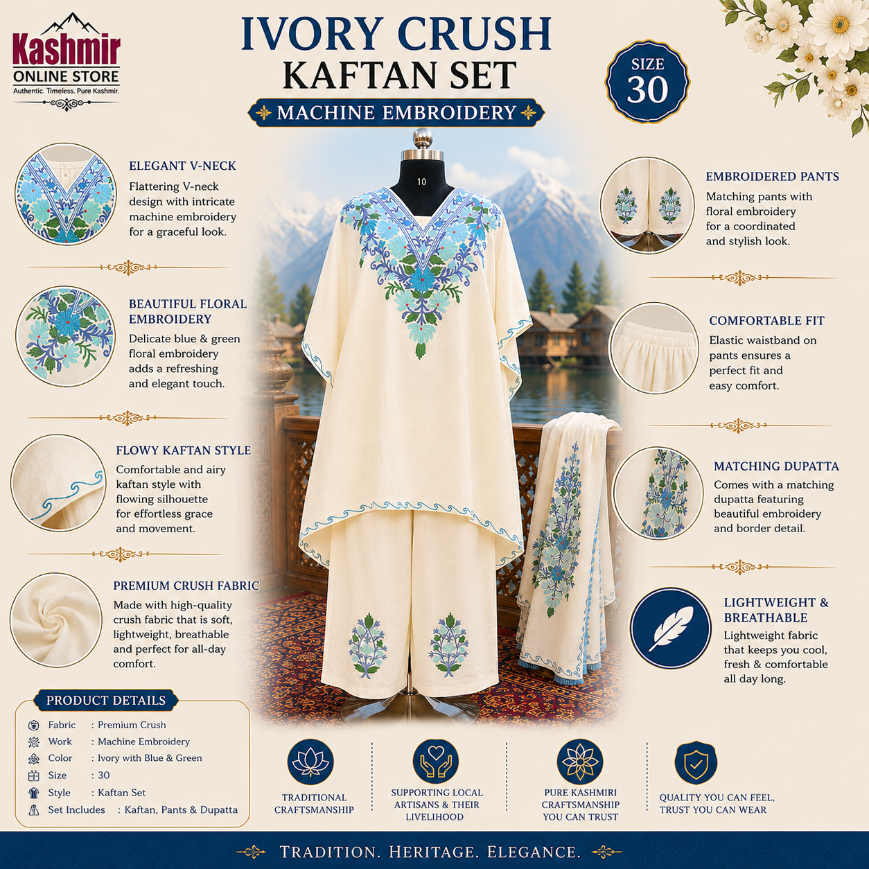 Designer Ivory Machine Embroidered Kaftan