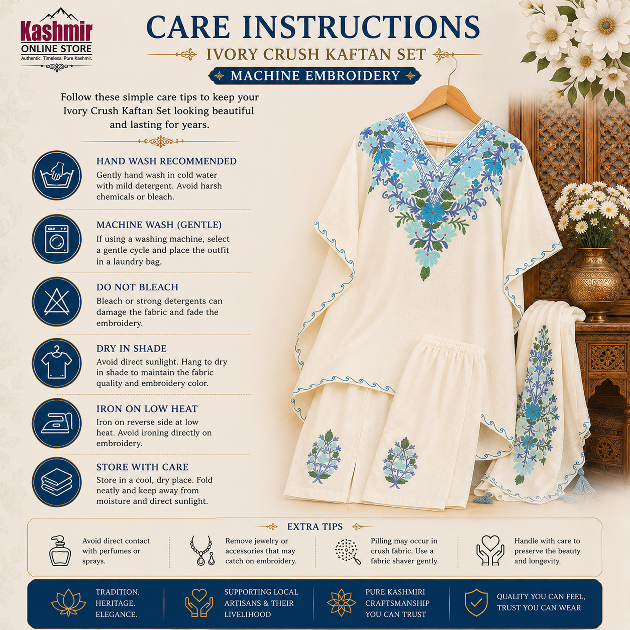 Premium Ivory Kaftan Set with Machine Embroidery