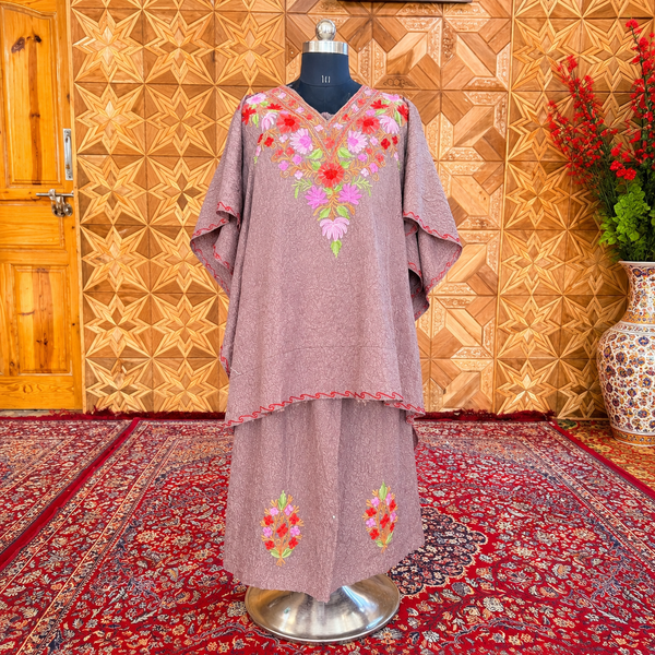 Mauve Crush Kashmiri Kaftan Set for Women | Aari-Style Machine Embroidered Kaftan with Matching Bottom | Kashmiri Ethnic Wear
