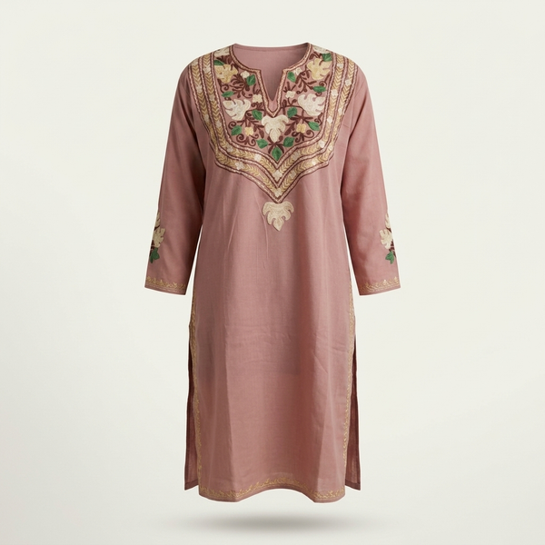 Mauve Kashmiri Long Kurti for Women | Floral Aari-Style Machine Embroidery | Summer Cotton Kurti | Kashmiri Ethnic Wear