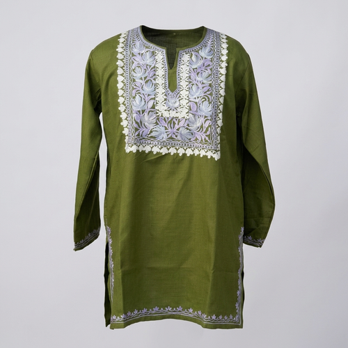 Moss Green Kashmiri Short Kurti for Women — Machine Embroidered Designer Kurti