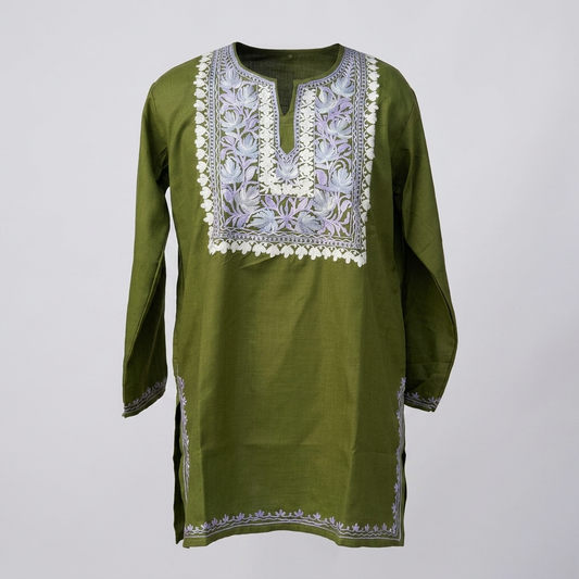 Moss Green Kashmiri Short Kurti for Women with Machine Embroidery