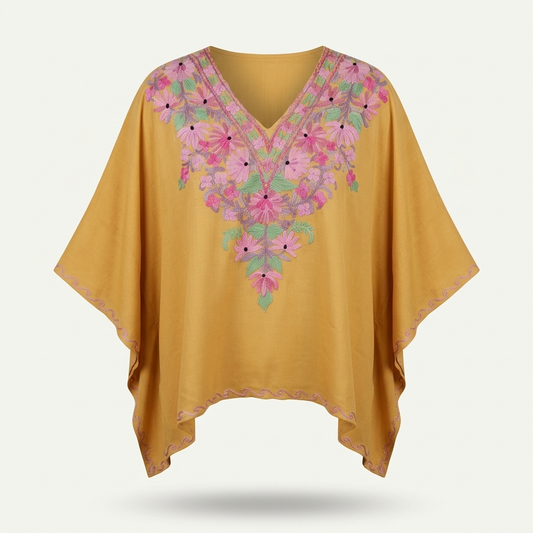 Kashmiri Aari Embroidered Short Kaftan for Women Mustard Gold