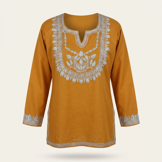 Mustard Kashmiri Tilla Work Short Kurti for Women