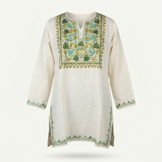 Off White Kashmiri Short Kurti for Women with Machine Embroidery