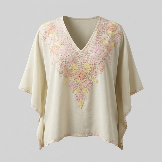Kashmiri Aari Embroidered Short Kaftan for Women Off White Pastel Floral