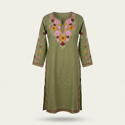 Olive Green Kashmiri Aari Long Kurti Multicolor Floral Summer Poly Cotton