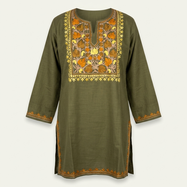Olive Green Kashmiri Short Kurti for Women | Aari-Style Machine Embroidered Designer Kurti | Kashmiri Floral Ethnic Wear
