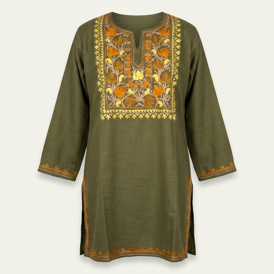 Olive Green Kashmiri Short Kurti for Women with Machine Embroidery