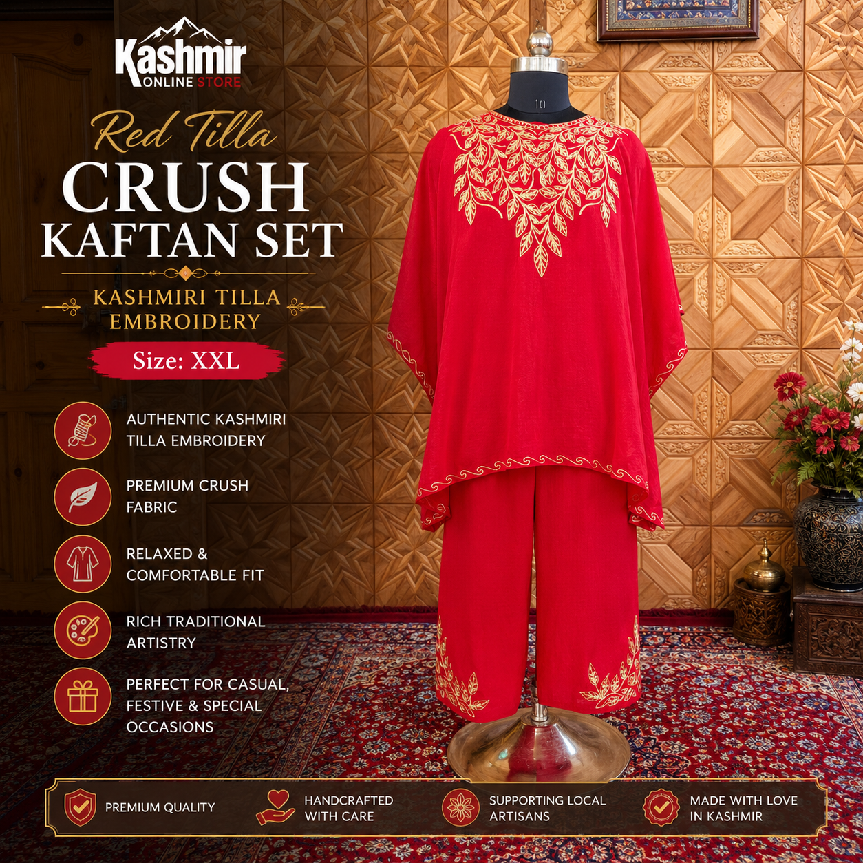Red Tilla Crush Kaftan Set for Women
