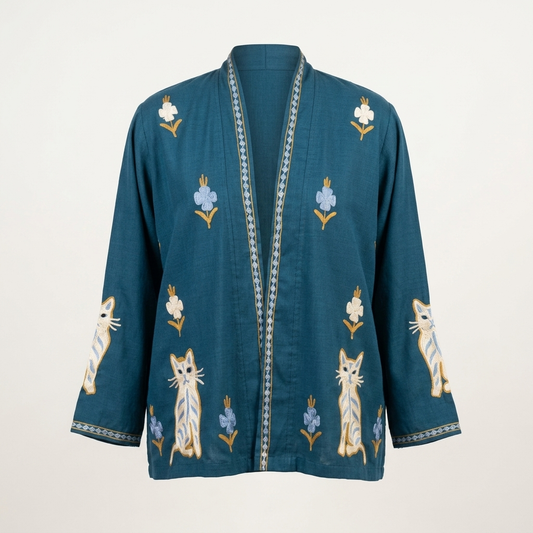 Teal Blue Kashmiri Aari Cat Design Short Shrug for Women