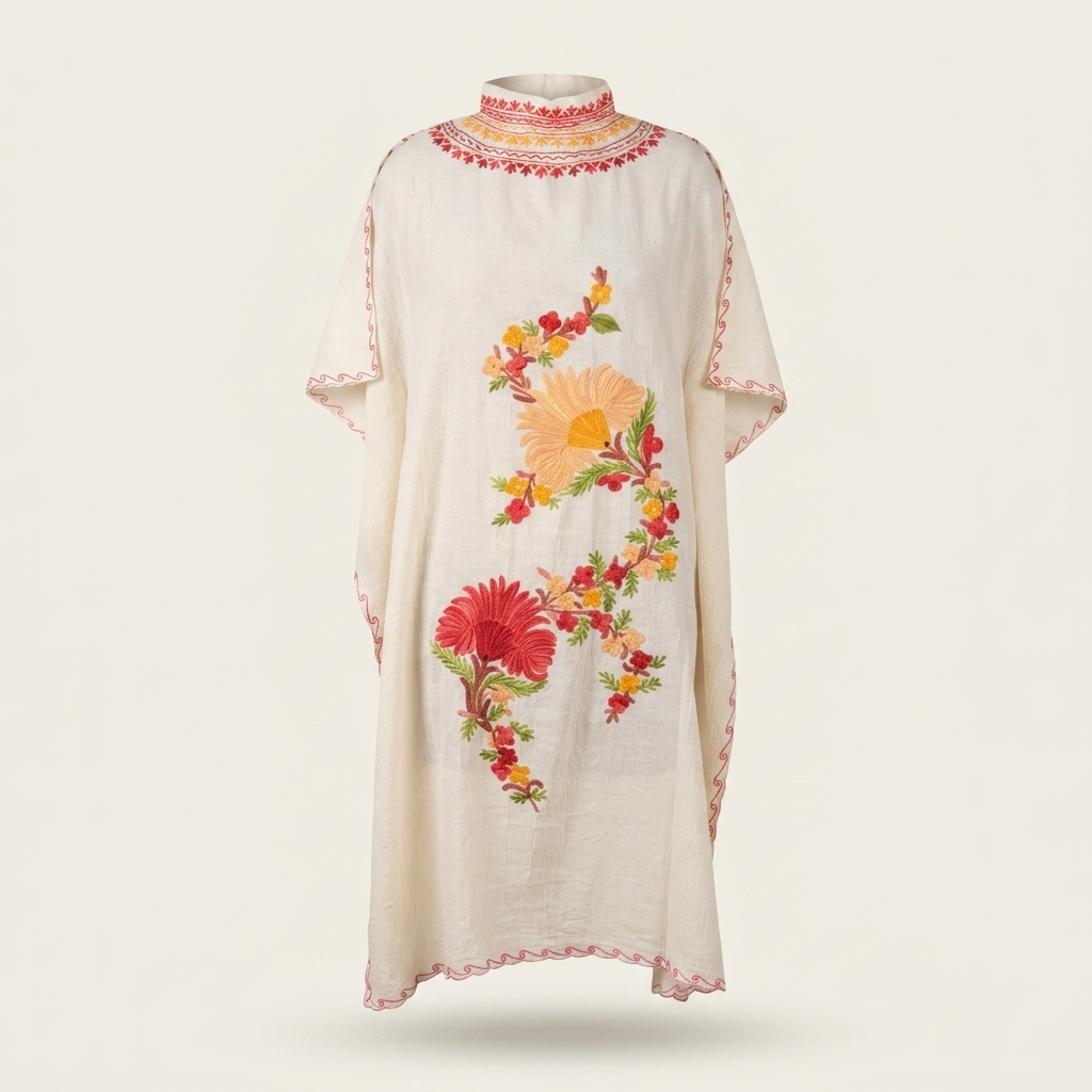 White Bloom Full Neck Kashmiri Aari Embroidered Long Kaftan for Women