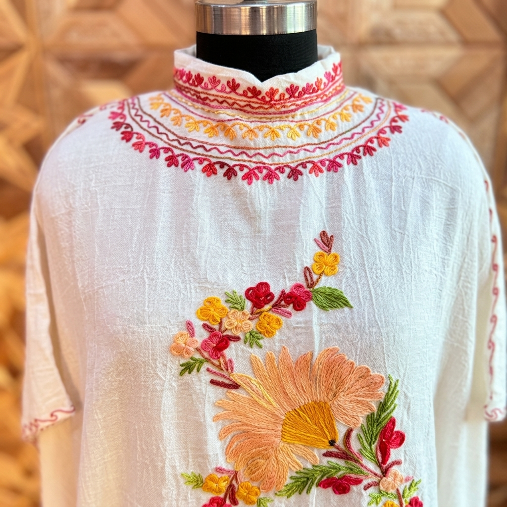 White Bloom Full Neck Long Kaftan with Kashmiri Aari Embroidery
