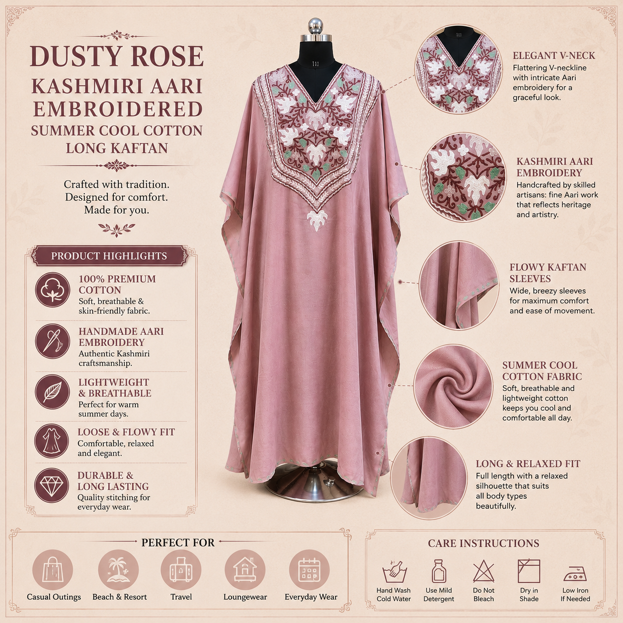 Women's Dusty Rose Long Cotton Kaftan
