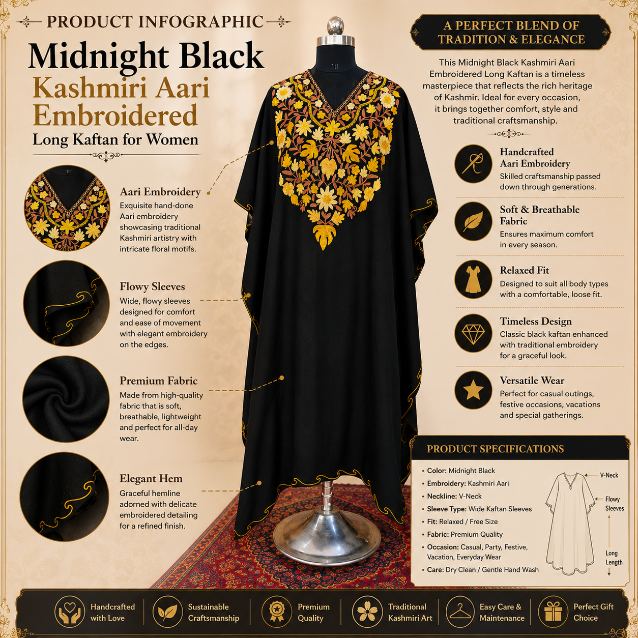 Women's Midnight Black Long Kaftan
