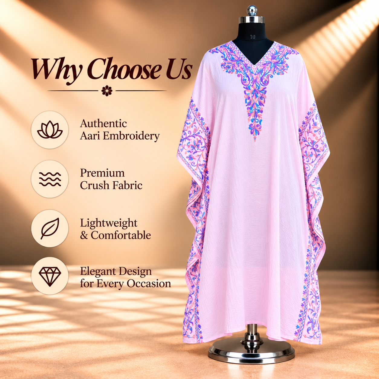 Aari Embroidered Blush Pink Tie-Dye Crush Kaftan