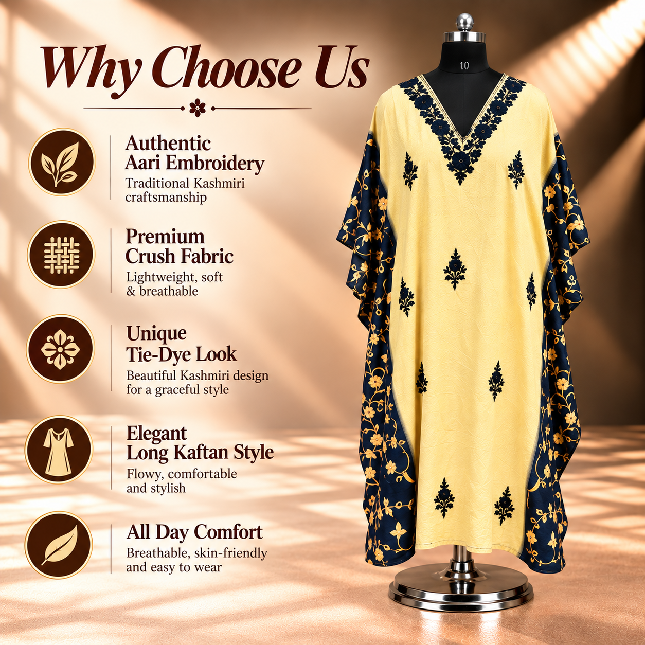 Aari Embroidered Butter Yellow Tie-Dye Kaftan for Women