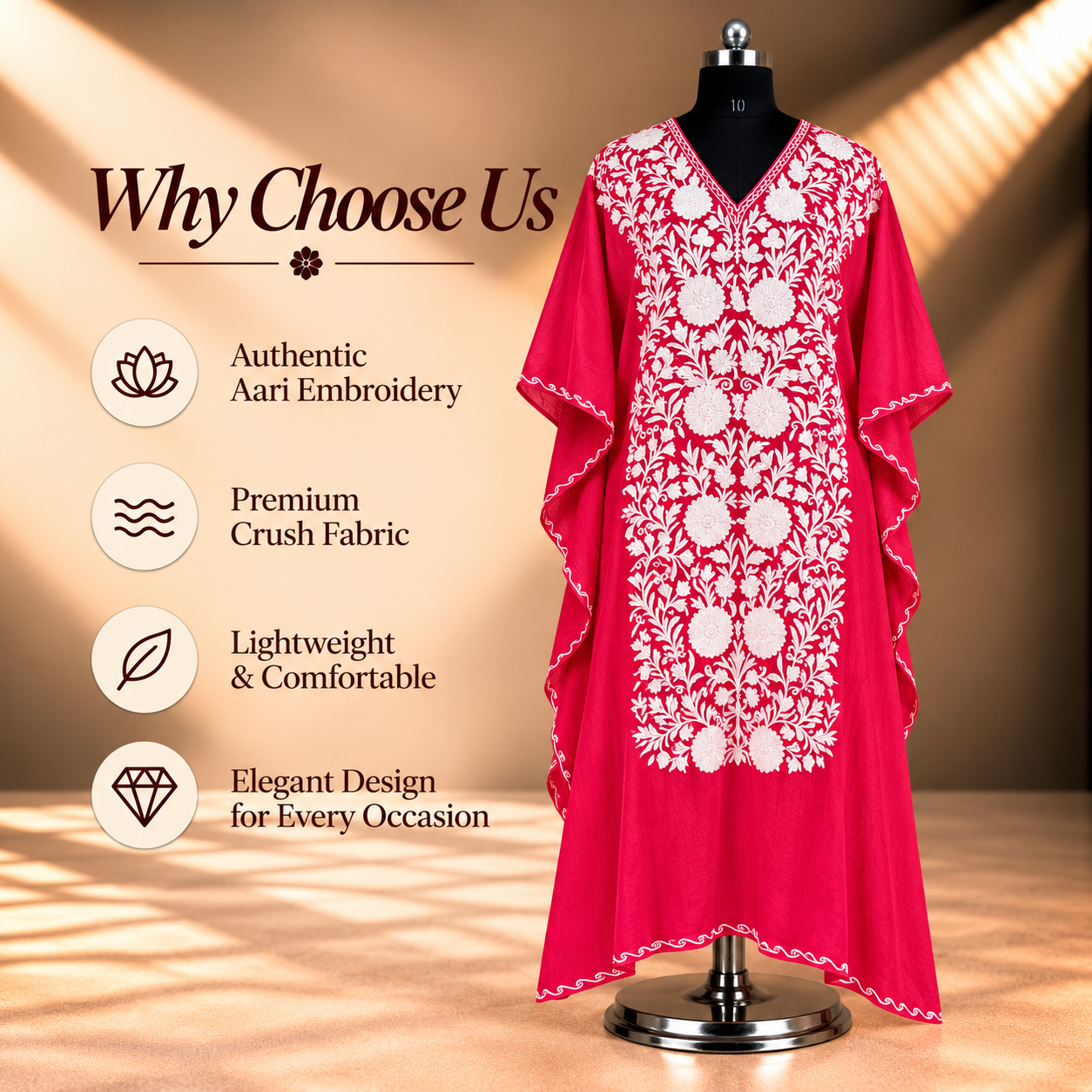 Aari Embroidered Crimson Red Crush Kaftan for Women