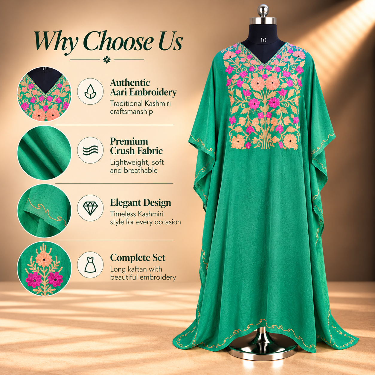 Aari Embroidered Emerald Green Crush Kaftan for Women