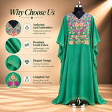 Aari Embroidered Emerald Green Crush Kaftan for Women
