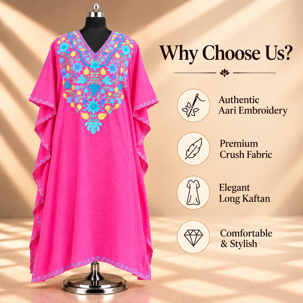 Aari Embroidered Fuchsia Pink Crush Kaftan for Women
