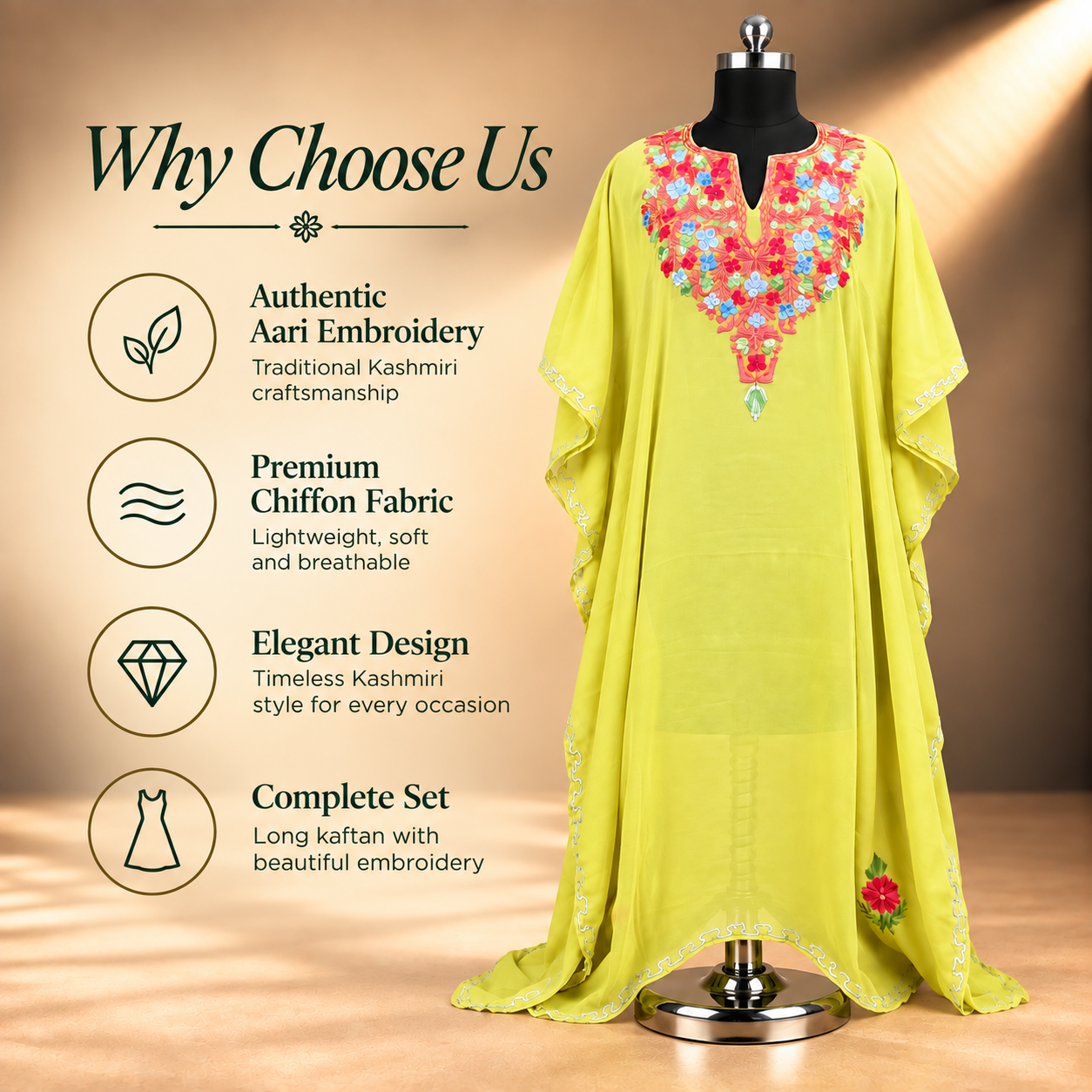Aari Embroidered Lemon Lime Chiffon Kaftan for Women