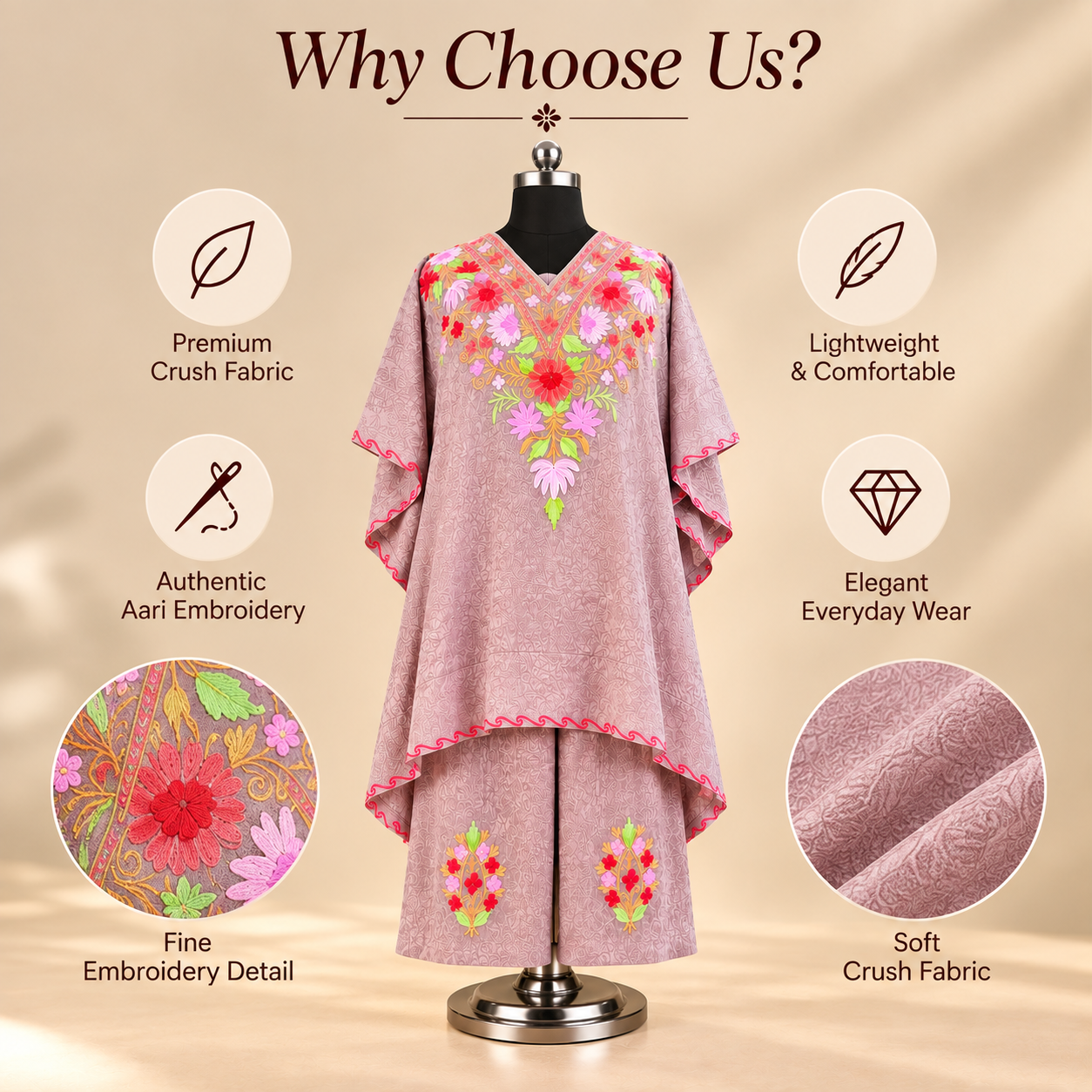 Aari Embroidered Mauve Crush Kashmiri Kaftan Set for Women