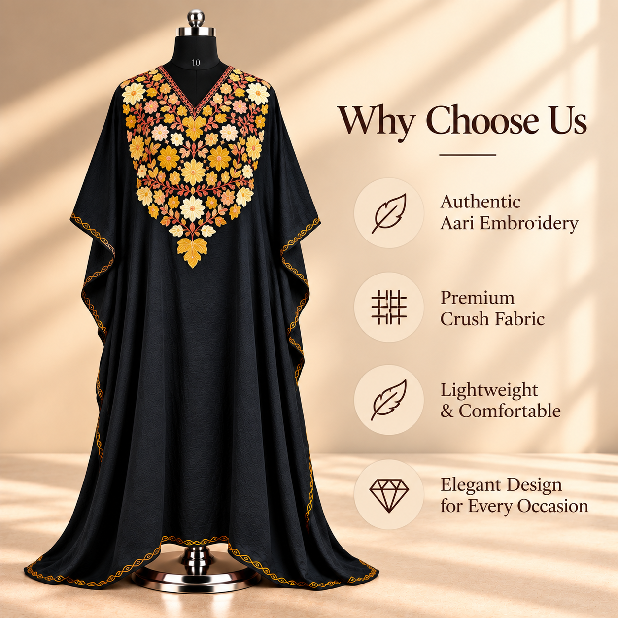 Aari Embroidered Midnight Black Crush Kaftan for Women