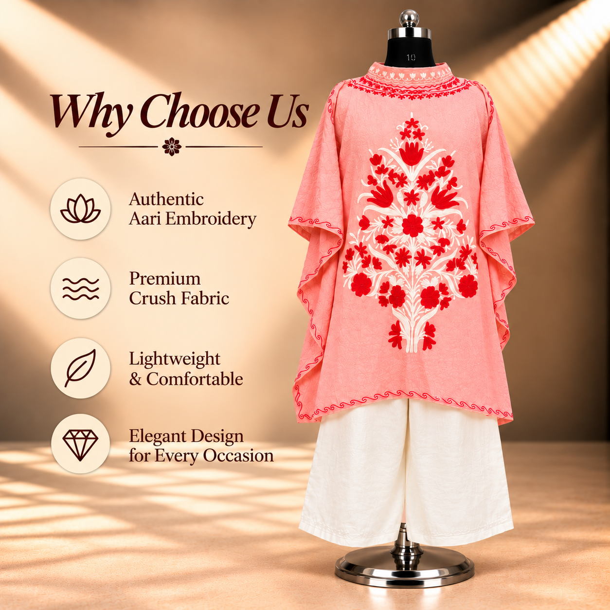Aari Embroidered Peach Crush Kashmiri Kaftan Set for Women