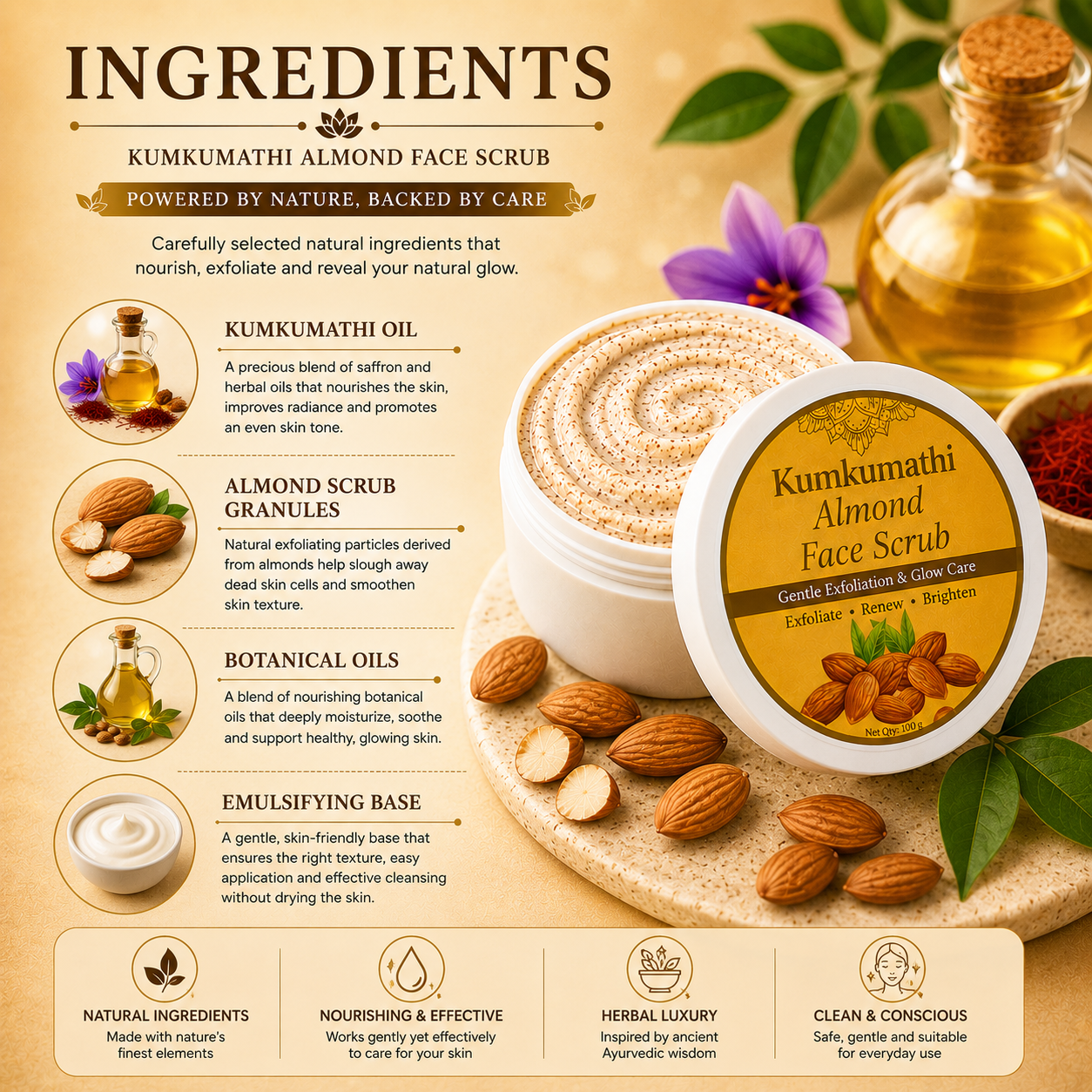 Kumkumadi almond scrub with vitamin E