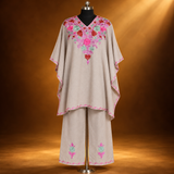 Beige Grey Short Crush Kaftan Set with Aari Embroidery